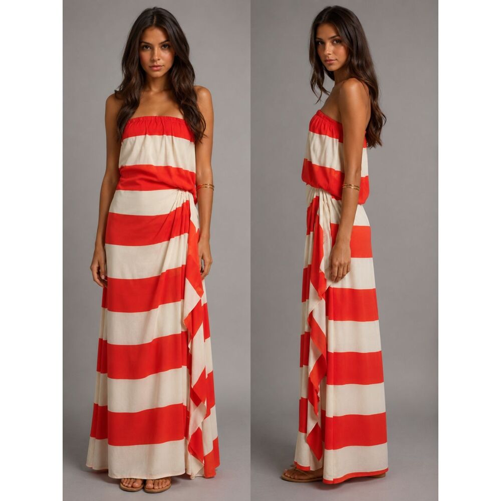 Alice + Olivia Silk Strapless Maxi Dress Orange White Stripe Draped Women's 4 - Picture 2 of 13